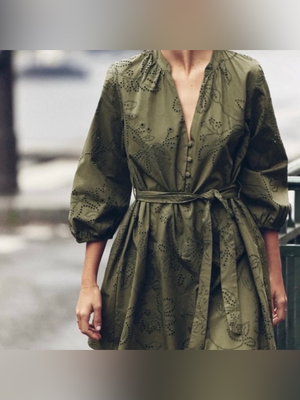 Zara Olive Green Eyelet Tie-Waist Mini Dress